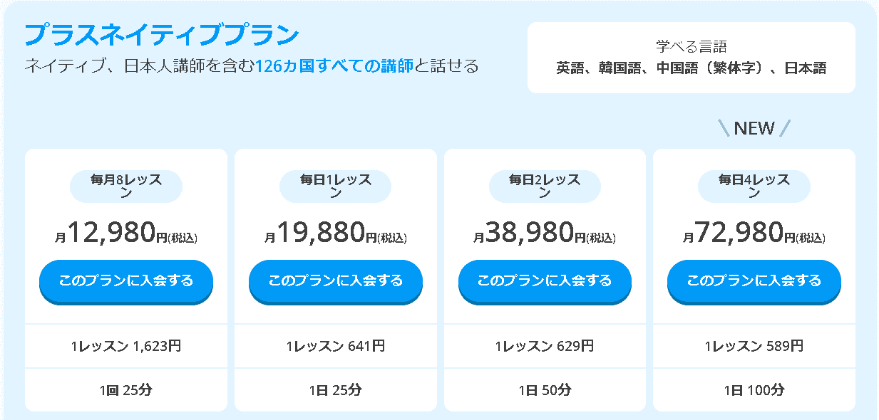 DMM英会話のプラスネイティブプラン料金表